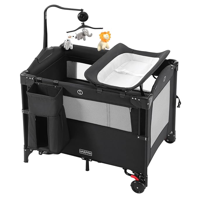 HARPPA Pack and Play 5 in 1, Portable Baby Playard for Travel, Baby Bassinet Bedside Sleeper with Mattress, Rolling Bassinet for Infant, Pack n Play with Changing Table, Bed Crib(Black)