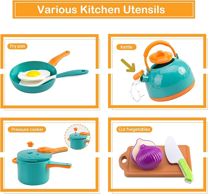 118Pcs Mini Play Kitchen Accessories for Kids, Pretend Cooking Playset with Cookware, Tableware & 2 Fruit Sets, Learning Gift for Girls, Boys, Toddlers, Green