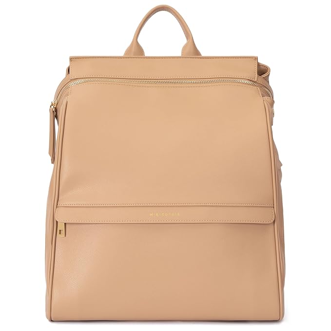 MIA + SOPHIA Leather Diaper Bag Backpack with USB Charging Port, Changing Pad, Stroller Straps, Bottle Holder (Brown Sophia)