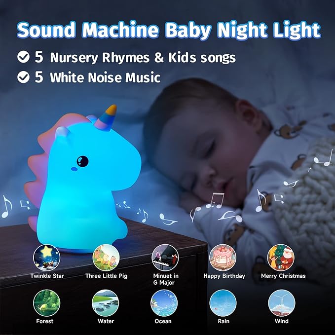 Unicorn Baby Sound Machine with Light, 16 Colors+Silicone Sleep Sound Machine for Kids Night Light, 10 White Noise Baby Night Light for Kids with Music, Remote+Timer+Rechargeable Nightlight [Gifts]