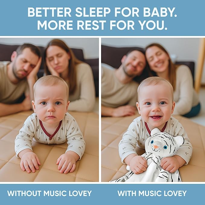Love By Emi Baby Music Lovey White Tiger, Baby Sleep Soother for Crib & Cuddle Bedtime, White Noise with a Heartbeat & Lullaby, Plush Sound Machine Toy, Stuffed Animal for Newborns, Infants & Toddlers