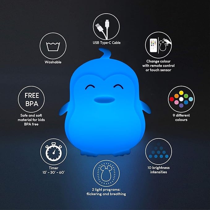 Large Penguin Night Lights for Babies Bedroom Light, lamp Kids, Toddler Nursery lamp Soft Decorative Lamps - Break Resistant, Eye Caring, Adjustable Brightness & Color, Time Setting - Large