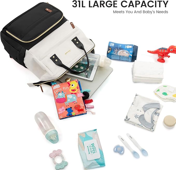 LOVEVOOK Diaper Bag Backpack, Baby Bag with Changing Station, Large Diaper Backpack for Mom Dads, Waterproof Mommy Bag for Boy and Girl, Travel Essential Baby Shower, Black-Beige