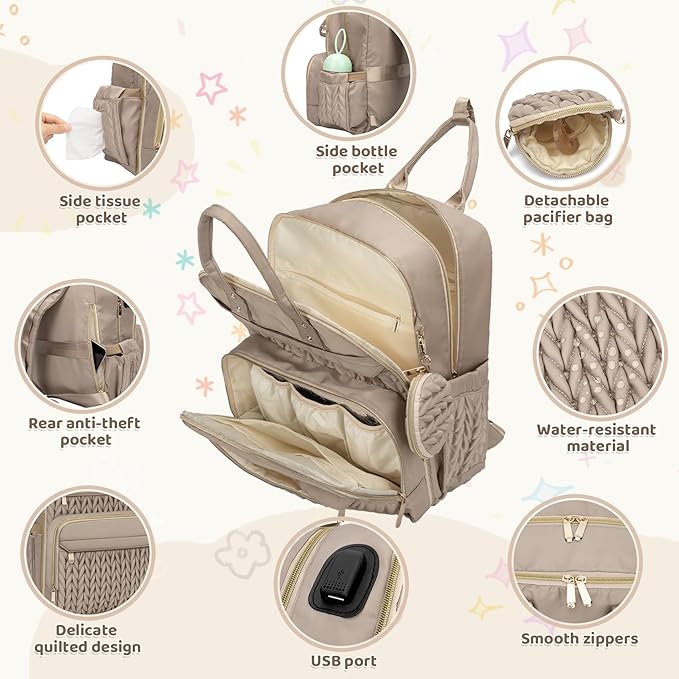 CandyHome Diaper Bag Backpack, Stylish Travel Baby Diaper Bags with Changing Pad, Insulated Pockets, Waterproof Baby Bag Converts into Tote Bag, Diaper Backpack, Stroller Bag (Khaki)