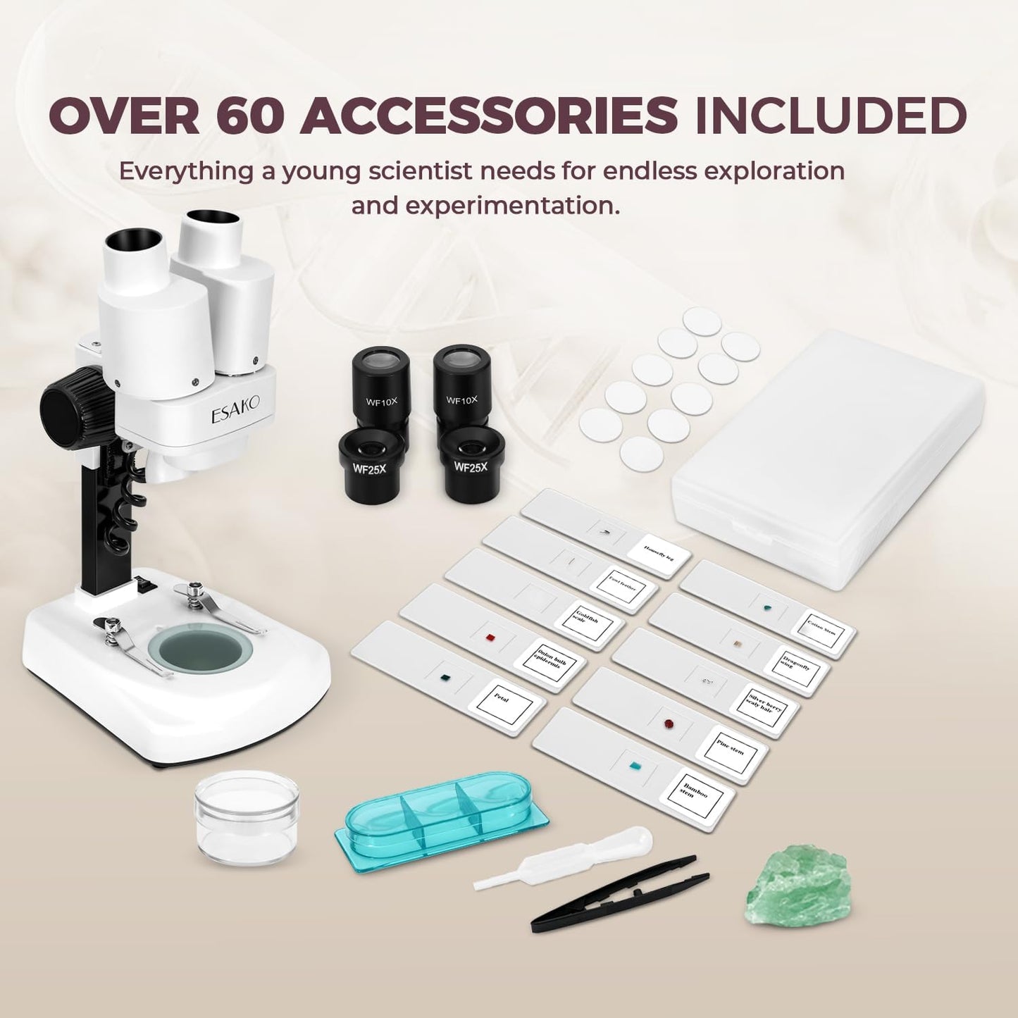 ESAKO Dual LED Kids Microscope - 52+ Piece Science Kit with Mineral & Insect Specimens, 10 Prepared Slides & 10 DIY Blank Slides, Microscope kit for Kids 8-12