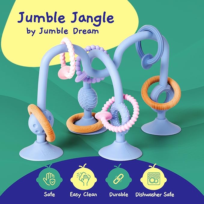 Jumble Jangle Baby Teething Toys – BPA-Free, Multi Purpose High Chair Toys for Babies: Suction Teething Relief with Sensory Toy Textures for Infants and Toddlers 0–24+ Months (Light Blue)