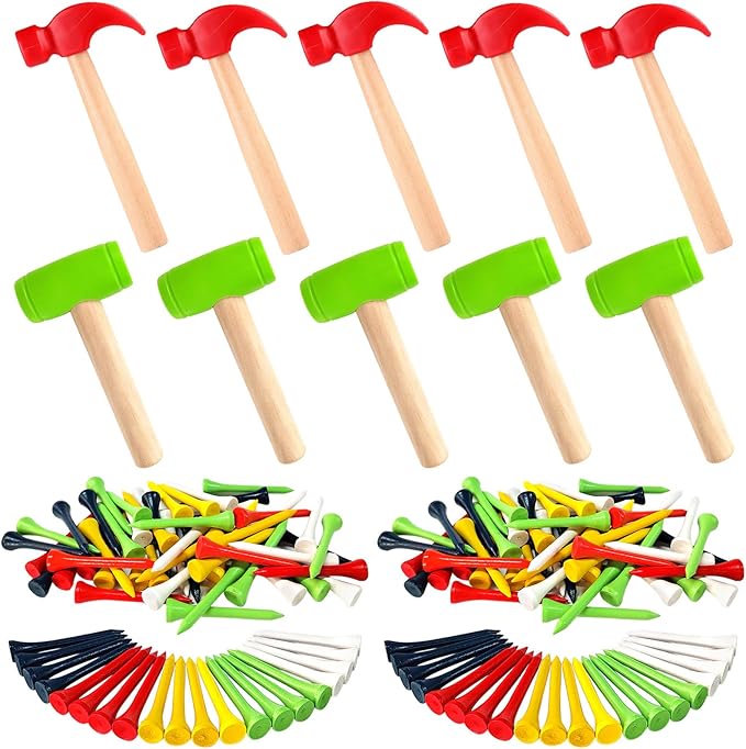 10 Pcs Kids Wooden Hammer Toy with 100 Pcs Colorful Wood Golf Tees, Small Plastic Hammer Simulation Hammers Educational Toys for Children Gift Birthday Party (Red and Green)