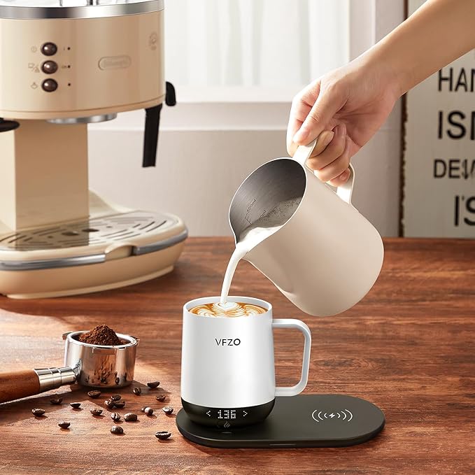 Temperature Control Smart Mug, Self Heating Coffee Mug LED Display, 180 Min Battery Life - Hot up to 149℉ Fast Wireless Charger Base Improved Design coffee serving sets mug(12oz, Ivory)