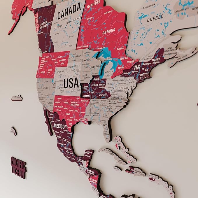 Colorfull Worlds 3D Wooden World Map Wall Art - Premium Multicolored World Travel Map for Wall Decor with Push Pins- Ideal Housewarming Gift & Travel Tracker (XXLarge, Crimson)