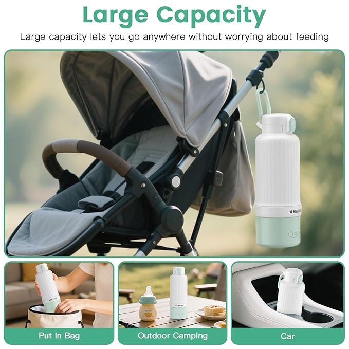 Portable Milk Warmer for Travel - The Portable Bottle Warmer On The Go with 16.9 Ounces Large Capacity and 10000mAh Long Battery Life, Meet All Your Baby Travel Essentials Needs(Green)