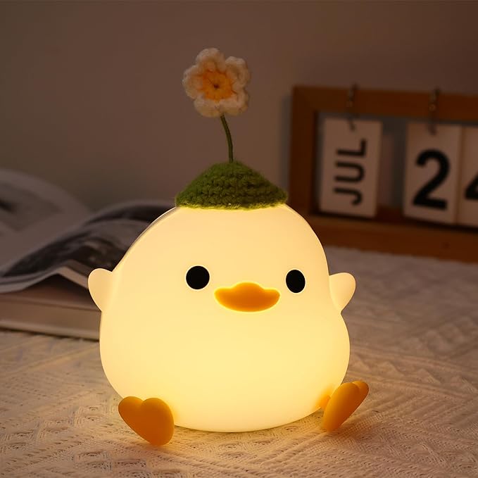 Attivolife Cute Duck Night Light, Animal Soft Silicone LED Lamp with Dimmable and Timer, Portable USB Rechargeable Bedroom Bedside Table Decor, Birthday Christmas Gifts for Girl Boy (Flower Hat)