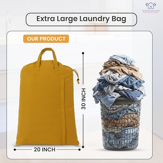 LFH Home Cotton Canvas Large Laundry Bag with Handle, Heavy Duty Drawstring Closure Washable Laundry Bags, School Travel, Home, Hotel, College Dorm, Organizer Sack, Toys Clothes 20x30-Yellow