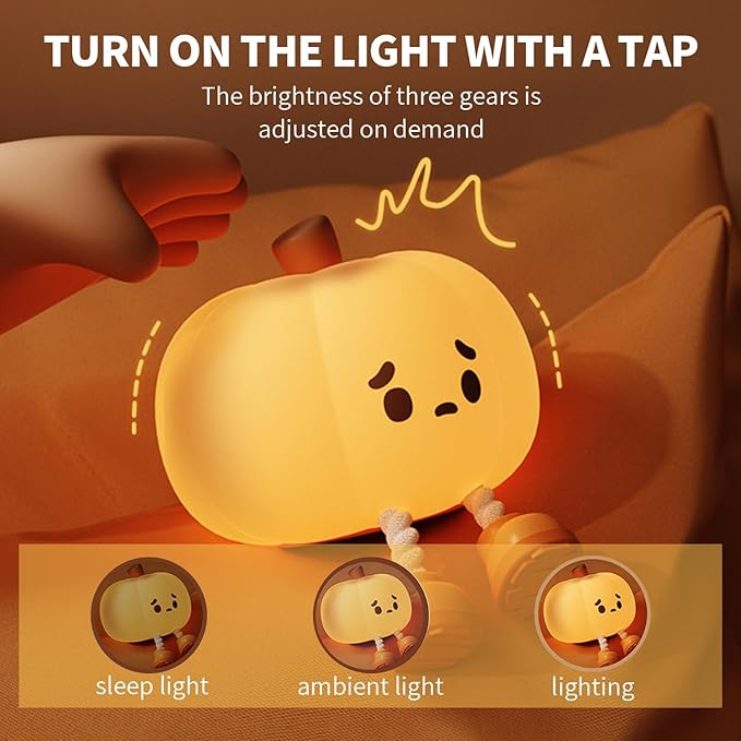 Pumpkin Night Light，LED Squishy Funny Pumpkin Lamp, Dimmable Silicone Light Up Nursery Nightlight, Rechargeable Cute Bedside Night Touch Lamp for Kids Girls (Pumpkin)