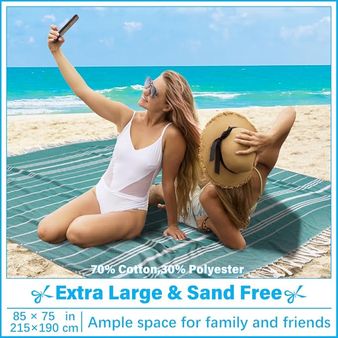 Oversized Turkish Beach Towel Blanket XXL Cotton Sandproof Towels Boho Woven Extra Large Big Sand Free Giant Throw Thick Blankets Huge Quilt XL Picnic Camping Necessities Cloud For Adult Gifts Teal