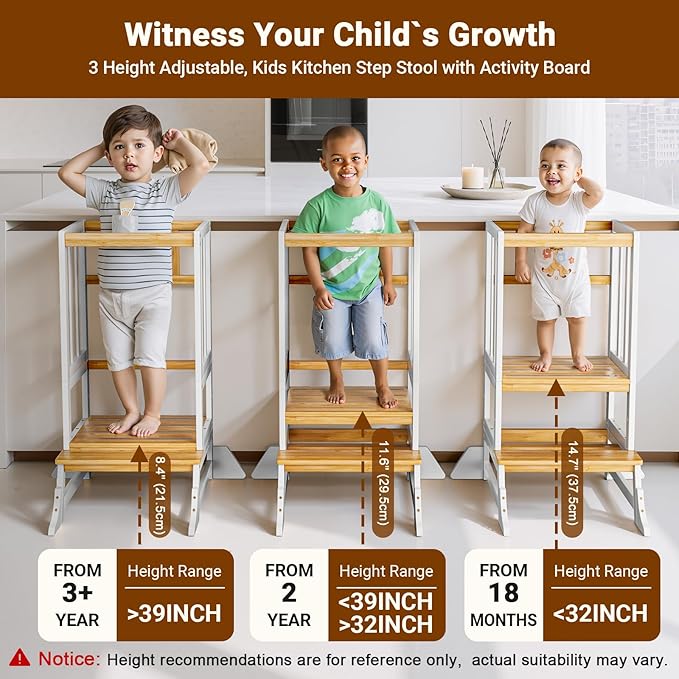 COSYLAND Kitchen Tower for Toddlers with Anti-Tip Support – Lightweight Toddler Kitchen Stool Helper for Bathroom Living Room Dining Room – Solid Bamboo Standing Tower (Natural & White)