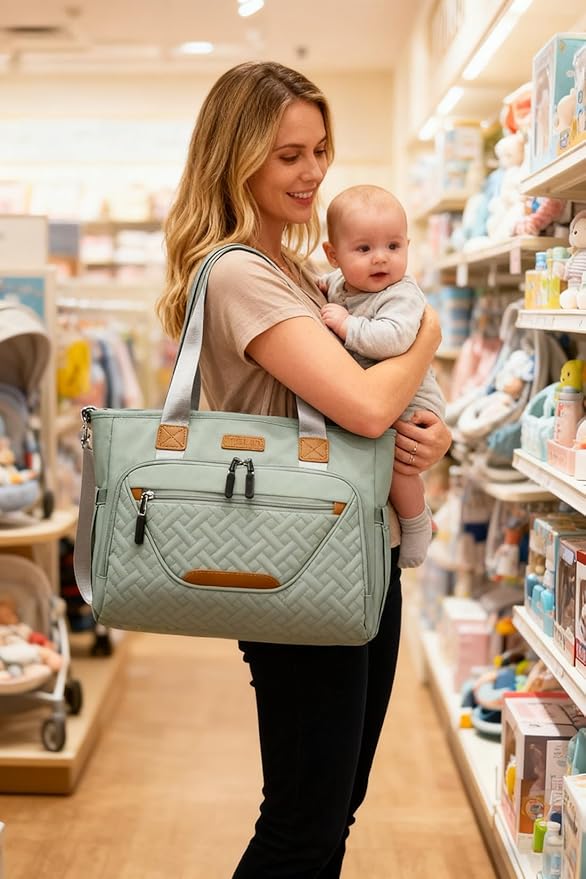 Diaper Bag Tote, Large Tote Diaper Bag with 16" Laptop Compartment, Baby Bag with Insulated Pocket for Mam and Dad, Ideal for Travel, Work (Morandi Grey)