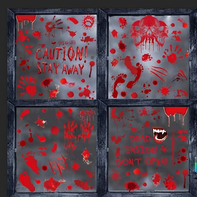 9 Sheets Halloween Bloody Handprint Footprint Window Stickers Halloween Window Clings Bloodstain Skull Footprint Designs Double Side Scary Bloody Handprint Stickers for Party Decor