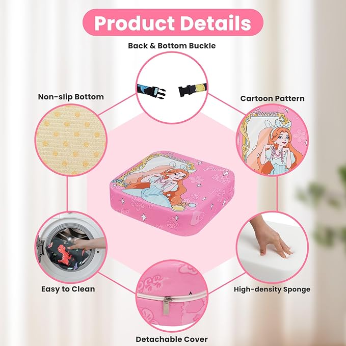 Toddler Booster Seat for Dining Table, Kids Booster Seat for Kitchen Chair with Non-Slip Bottom, Portable Detachable Washable Increasing Cushion with 2 Adjustable Straps (Princess)