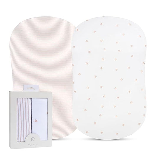 Ely’s & Co. Bassinet Sheets, Baby Girl Fitted Bassinet Mattress Sheet Set - 2 Pack, 100% Jersey Knit Cotton, fits Oval, Hourglass and Rectangle Bassinet Mattress, Pink Tulip, 32”x16”x3”