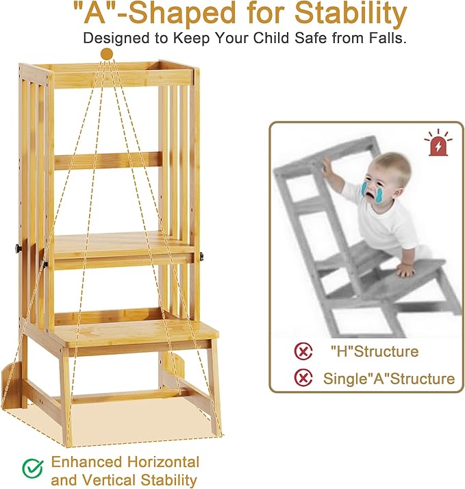 Kids Kitchen Step Stool, Toddler Standing Tower Adjustable Height with Anti-Slip Feet, Toddlers Learning Step Stool Helper for Kitchen Counter or Bathroom Sink, Natural Bamboo