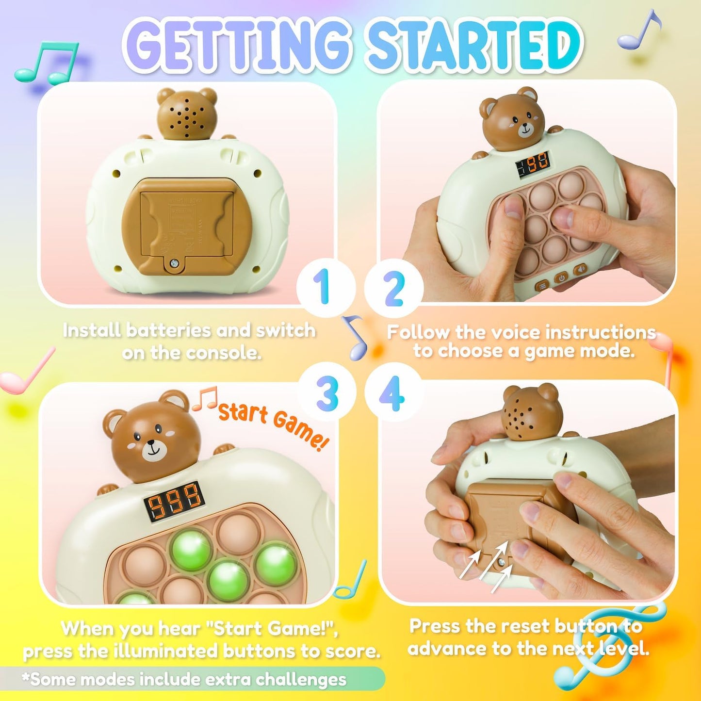 Marlo & Buzz Fast Push Game Toy with Popit Game Controller, Pop Fidget Animal with LED Screen - Sensory and Memory Console, Quick Bubble Light Toy, Pocket Games (Bear)