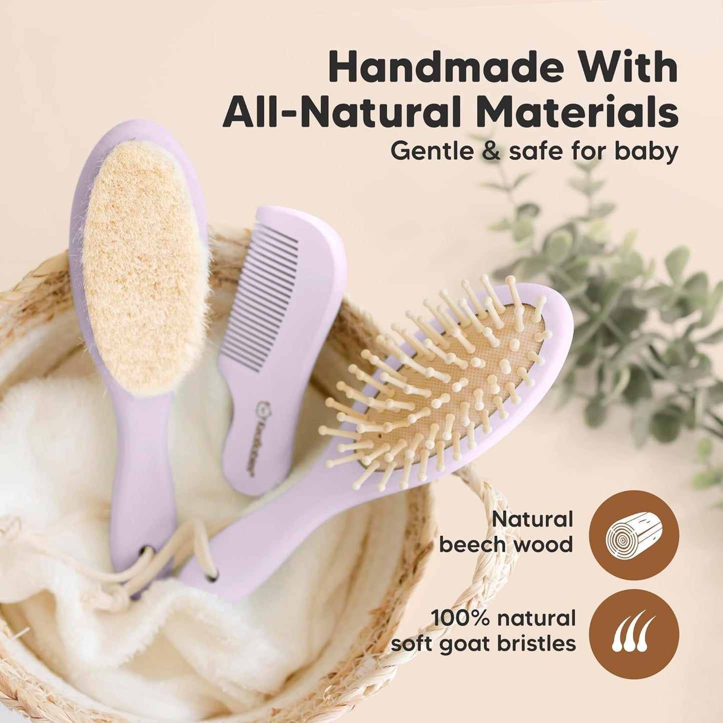 Baby Hair Brush and Comb Set for Newborn - Wooden Baby Hair Brush Set with Soft Goat Bristle, Baby Brush Set for Newborns, Baby Brush and Comb Set Girl, Boy, Toddler Cradle Cap Brush (Oval, Thistle)