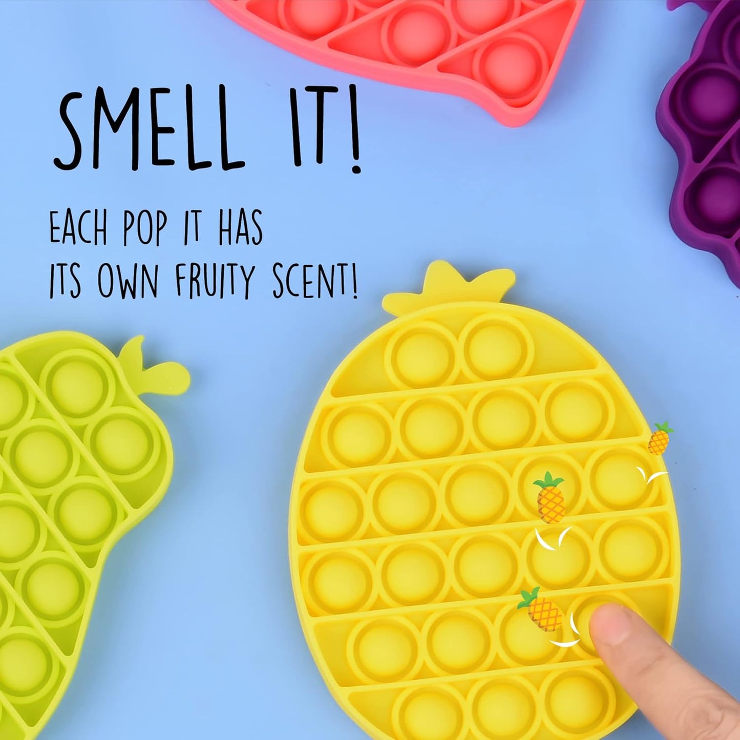 IMPRESA 4-Pack Fruit Scented Monkey Push Pop Sensory Toys for Kids & Adults to Help Reduce Anxiety - Scented Pop it Fidget Toy Promotes Improved Focus - Bubble Toys Make a Satisfying Pop Sound