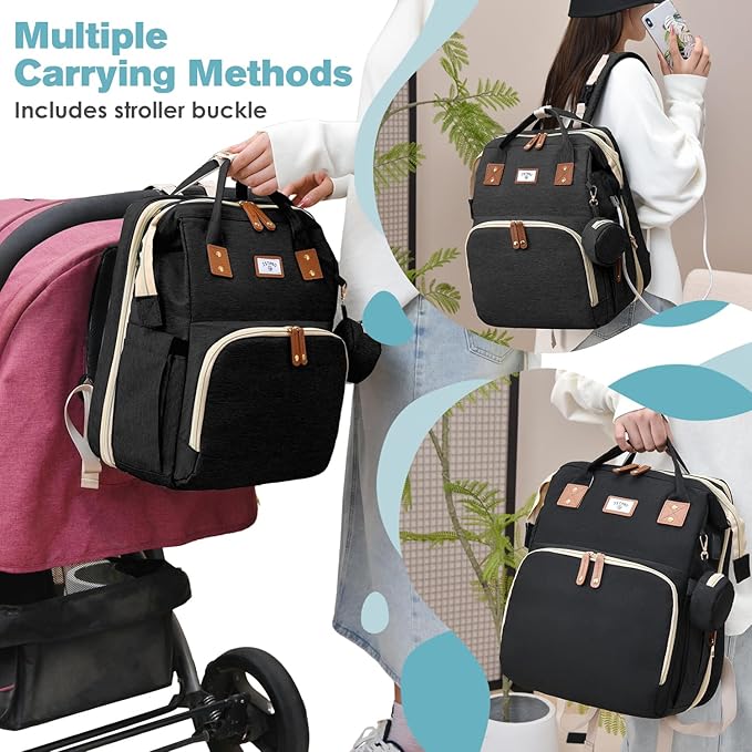 Diaper Bag Backpack, Large Waterproof Lightweight Diaper Bag with Changing Station, Insulated Pockets, USB Port & Stroller Straps, Travel Baby Bag for Mom and Dad, Baby Shower Gifts (Black)