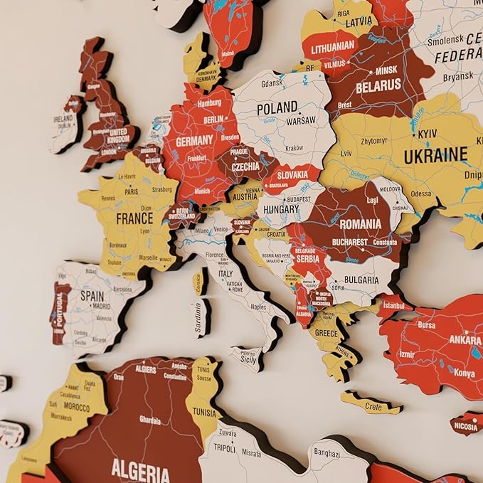 Colorfull Worlds 3D Wooden World Map Wall Art - Premium Multicolored World Travel Map for Wall Decor with Push Pins- Ideal Housewarming Gift & Travel Tracker (Medium, Terracota)