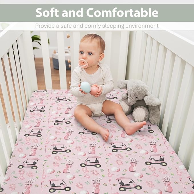 Golf Baby Crib Sheets for Boy Girl 28"x52" Sports Golfing Soft Stretchy Fitted Crib Mattress Cover Golf Lovers Gift Nursery Baby Sheet for Standard Crib and Toddler Bed Mattress Pink