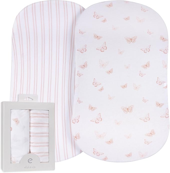 Ely’s & Co. Bassinet Sheets, Baby Girl Fitted Bassinet Mattress Sheet Set - 2 Pack, 100% Jersey Knit Cotton, fits Oval, Hourglass and Rectangle Mattress, Pink Butterly + Stripe, 32”x16”x3”