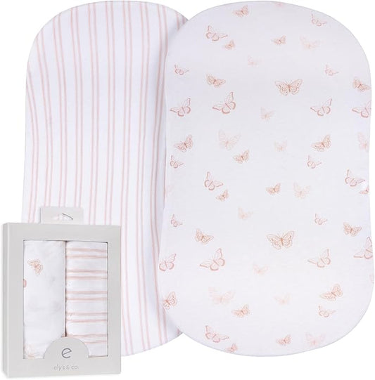 Ely’s & Co. Bassinet Sheets, Baby Girl Fitted Bassinet Mattress Sheet Set - 2 Pack, 100% Jersey Knit Cotton, fits Oval, Hourglass and Rectangle Mattress, Pink Butterly + Stripe, 32”x16”x3”