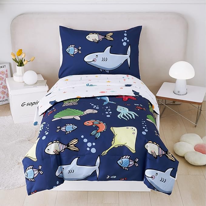 PERFEMET 4 Pieces Twin Bed in A Bag Navy Blue Ocean Animal Themed Kids Comforter Set for Boys Girls Soft Reversible Marine Life Bed Set with Kids Sheets(Navy Blue, Sharks/Dolphins/Fish)