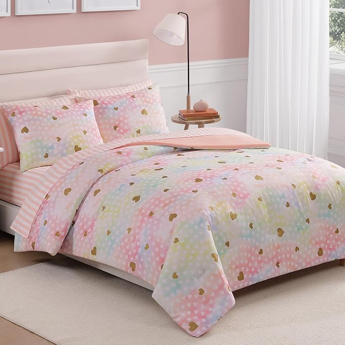 Queen Comforter Set with Sheets for Girls-7 Pieces Queen Bedding Sets with Pink Comforter, Sheets, Pillowcases & Shams for Kids (Colorful Gold Heart, 90" X 90")