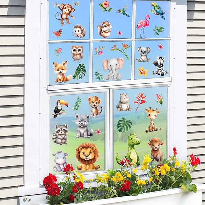 38 Animal Window Clings, Cute Elephant, Monkey, Bird Window Stickers, Perfect for Parties, Decorating Rooms, Living Rooms, Kitchens, bathrooms, refrigerators, Tile Stickers