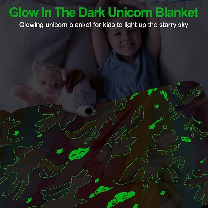 Unicorn Glow in The Dark Blanket for Girls/Kids, Soft Fleece Throw 40"x60" - Age 3-12