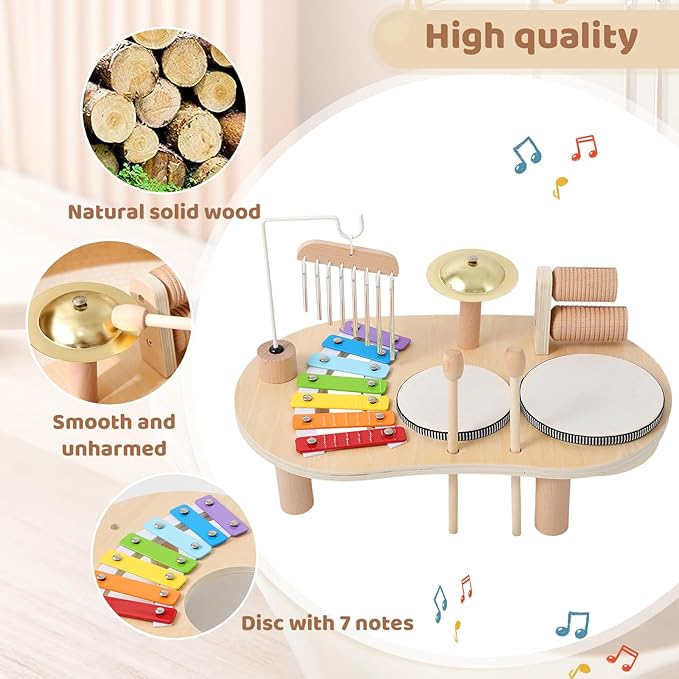 Promise Babe Wooden Drum Set for Toddlers 1-3, Musical Percussion Instruments for Kids Baby Drum Set Xylophone, Montessori Educational Musical Toys, Gifts for Girls Boys Ages 3+