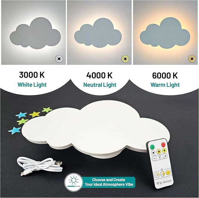 Cloud Lights - Nursery Decor Cloud Lamp, Rechargeable Baby Lamps with Remote, Hanging Lamp for Nursery, Kids Night Light with Timer & Touch Control (White)