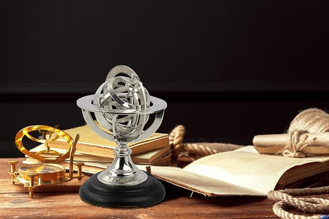 Antique Vintage Zodiac Armillary Brass Sphere Globe Wooden Display | Pirate's Antique Ship Decor | Nagina International (Small, Nickel Plated)