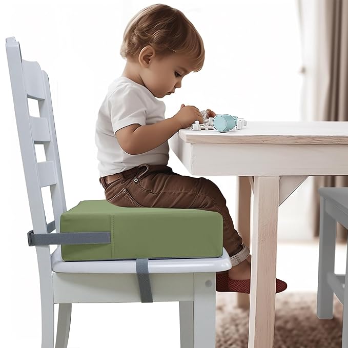 Toddler Booster Seat for Dining Table, 2 Elastic Seat Belts,Anti Scratch PU Skin-Friendly, Waterproof,Anti-Wrinkle, Detachable Non-Slip Bottom - Green