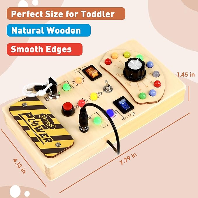 Joyreal Toddler Busy Board, Wooden Montessori Busy Board Sensory Board with LED Light Switch, Sensory Toys Baby Fidget Board Travel Toys for Toddler