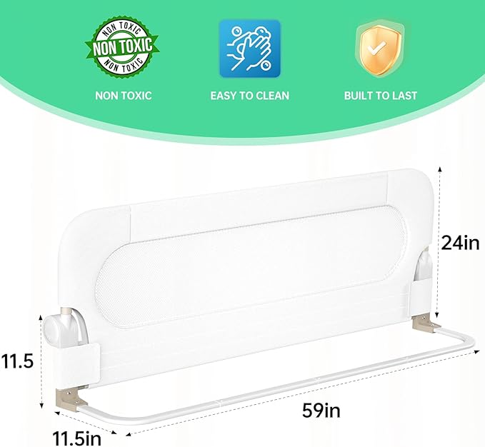 Folding Bed Rail for Toddlers,Baby Bed Rail Guard with Reinforced Anchor Safety System,Fit Bunk,Full Size,Queen,King,Twin(White,59"x23.6")