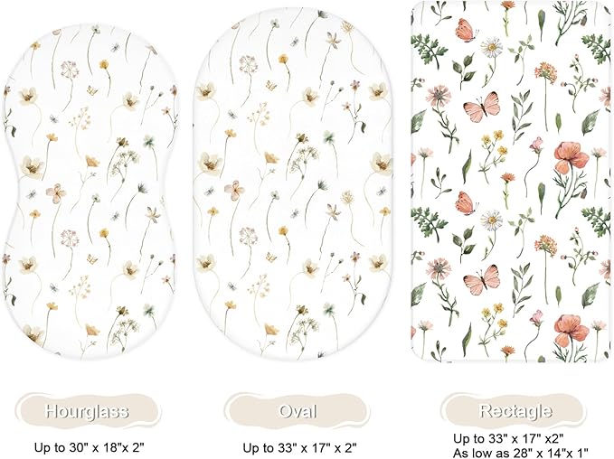 Bassinet Sheets for Baby Girls Boys 2 Pack, Fitted Baby Mattress Sheet for Rectangle, Oval, Hourglass Bassinet Mattress, Breathable Cozy & Universal Fit (Butterfly Garden)