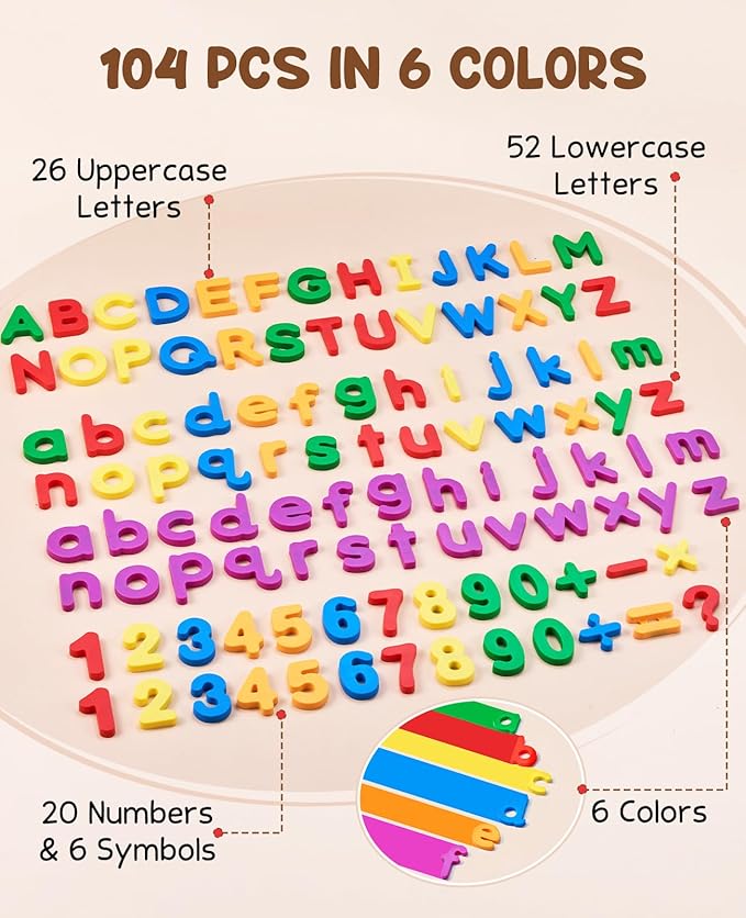 JoyCat 104 Pieces Magnetic Letters Numbers Alphabet Fridge Magnets ABC 123 Preschool Educational Learning Plastic Colorful Toy Set Uppercase Lowercase Math Symbols for Toddlers Kids