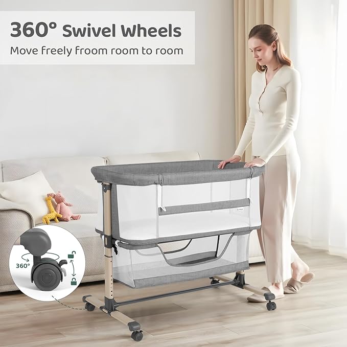 Cowiewie Bassinet Bedside Sleeper, Portable, Breathable, Adjustable Baby Bedside Bassinet for Peaceful Nights, Grey