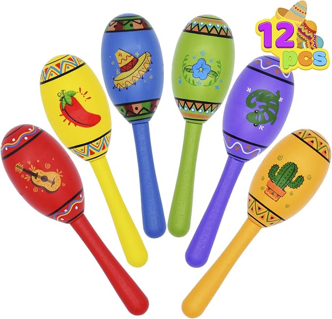 JOYIN 12 Mini Wooden Fiesta Maracas 6 Designs Noisemaker for Mexican Fiesta, Cinco De Mayo Party Favors, Musical Fun, Birthday Parties, Luau Party, Carnivals, Taco Tuesday Event