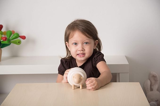 PlanToys Lacing Sheep Wooden Toddler Toys for Color Sequencing with Colored Beads and Matching Different Sized Rings - Lace Together to Build the Sheep