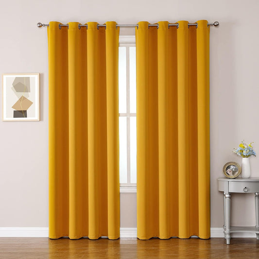 ChrisDowa Room Darkening Curtains 90 Inches Long 2 Panels Set for Living Room, Grommet Thermal Insulated Blackout Curtains for Bedroom (Mustard Yellow, 52 x 90 Inch)