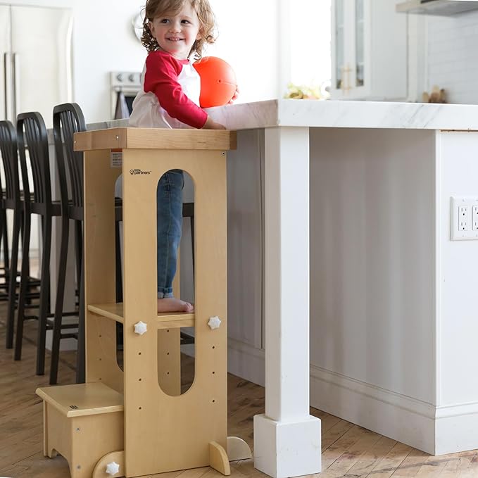 Little Partners Foldable Toddler Tower, Learning Tower Explore 'N Store Montessori Standing Kitchen Tower with Folding Step Stool Platform for Cooking and Learning, Ages 2+ (Natural)