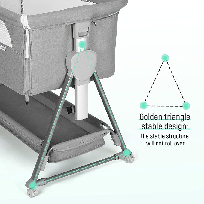 Cowiewie Bassinet Bedside Sleeper, Baby Bassinet with 7 Adjustable Height, Bedside Bassinet for Baby with Storage, Breathable Mesh & Mattress, Portable Bassinet Easy Folding (Pyramid Light Gray)